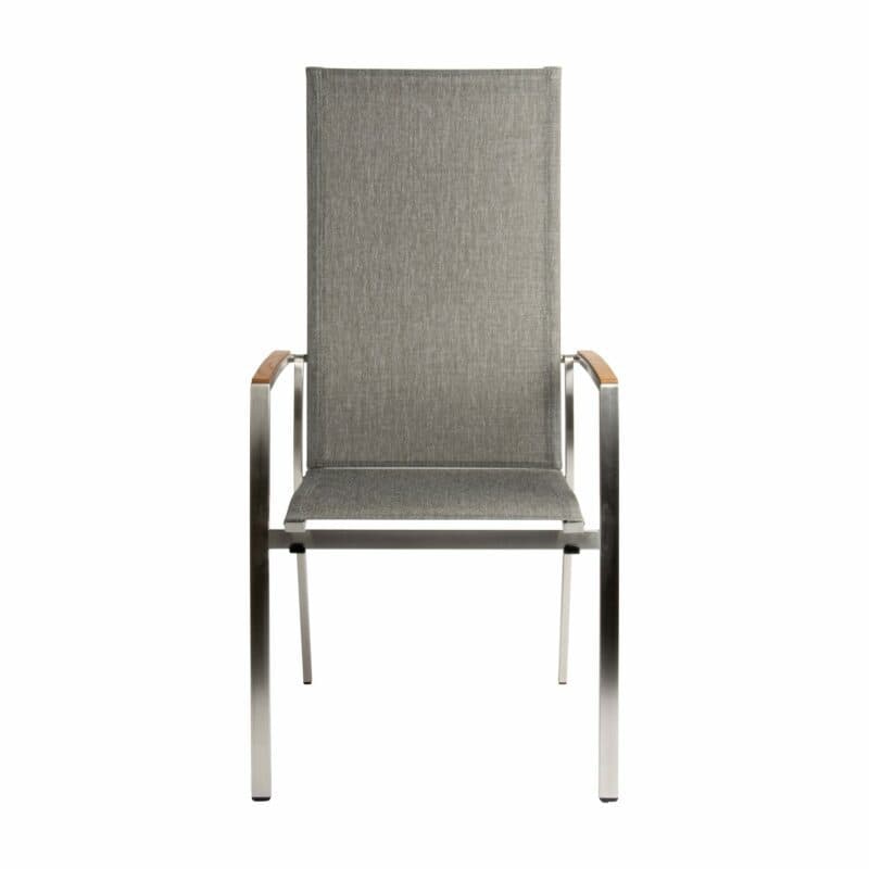 Stern "Mika" Hochlehner, Gestell Edelstahl gebürstet, Sitzfläche Textil Leinen grau, Armlehnen Teak