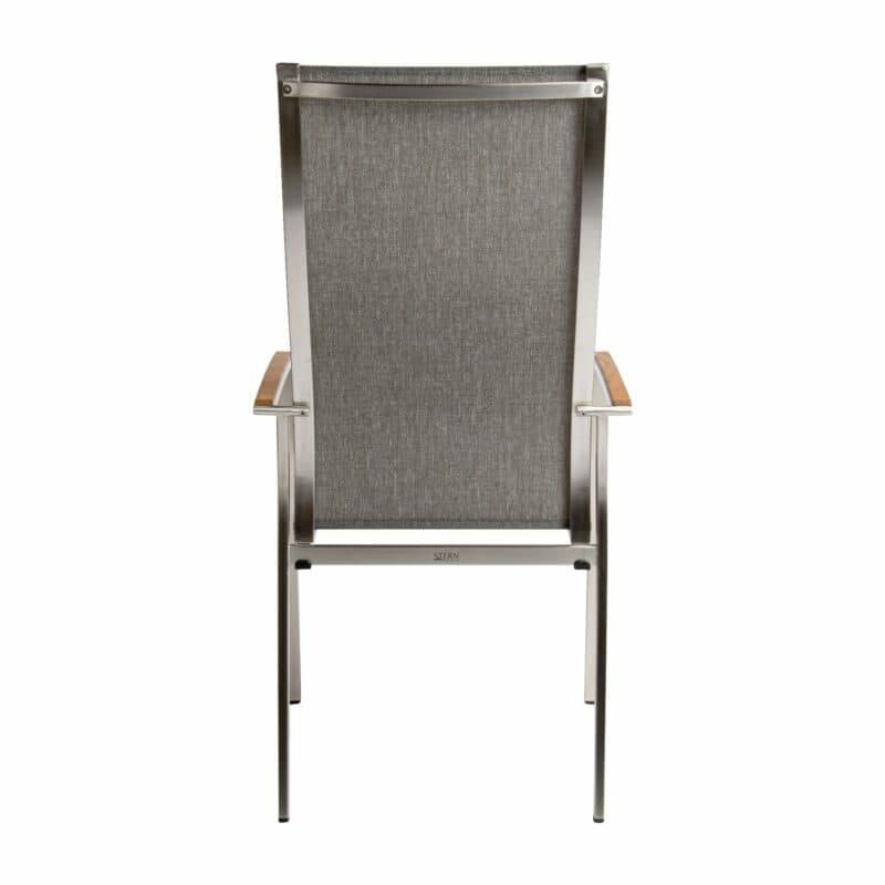 Stern "Mika" Hochlehner, Gestell Edelstahl gebürstet, Sitzfläche Textil Leinen grau, Armlehnen Teak