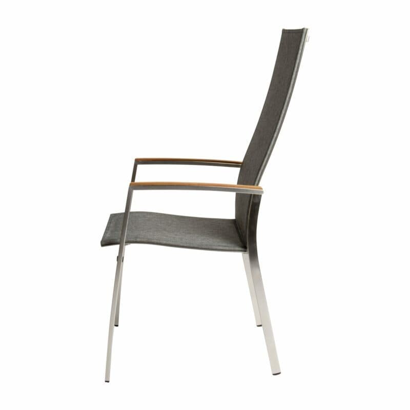 Stern "Mika" Hochlehner, Gestell Edelstahl gebürstet, Sitzfläche Textil Leinen grau, Armlehnen Teak