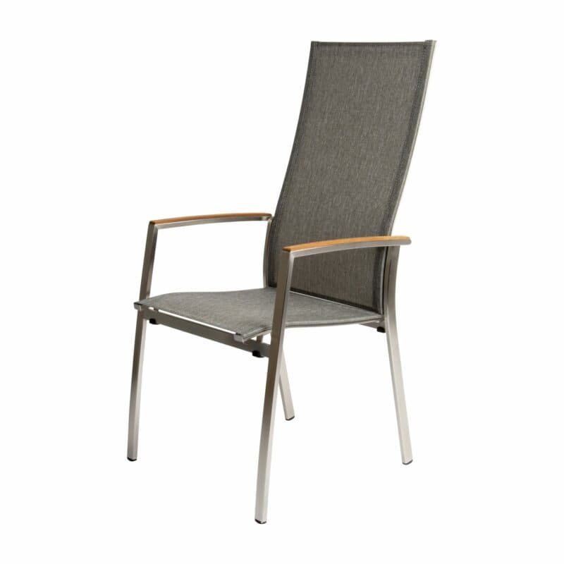 Stern "Mika" Hochlehner, Gestell Edelstahl gebürstet, Sitzfläche Textil Leinen grau, Armlehnen Teak