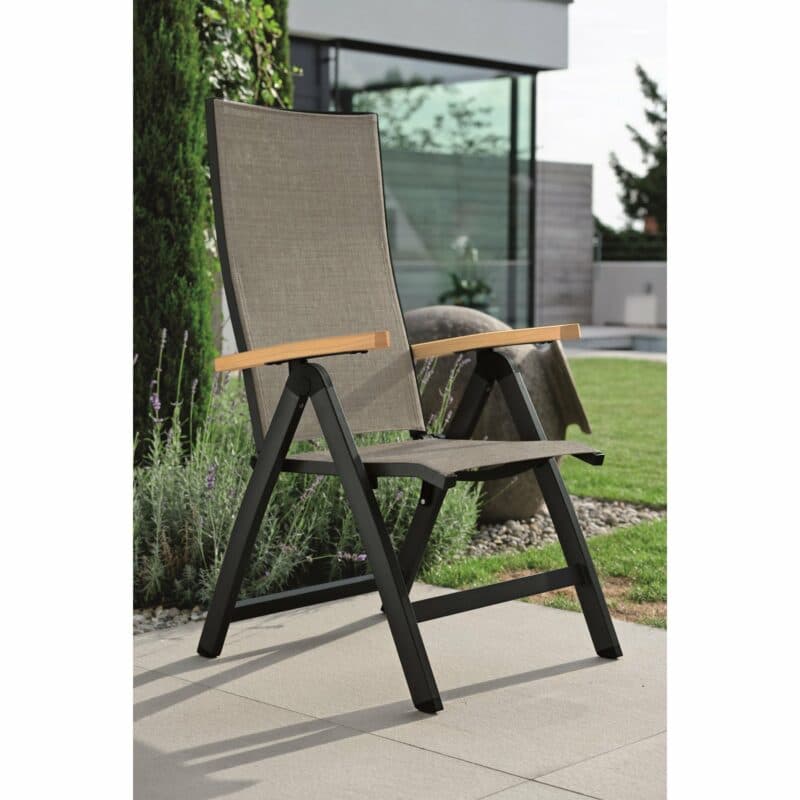 Stern "New Top" Klappsessel, Gestell Aluminium schwarz matt, Sitzfläche Textilen Leinen grau, Armlehnen Teak