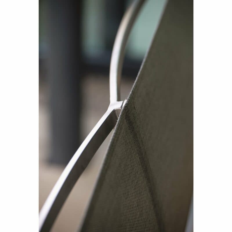 Stern "Viona" 2-Sitzer Gartenbank, Gestell Edelstahl, Rückenlehne Textilgewebe Leinen grau, Sitzfläche Teakholz, Detail Rückenlehne