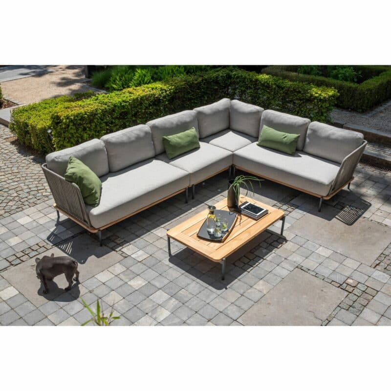 4Seasons Outdoor Loungeset "Castello", Gestell Aluminium anthrazit, Rahmen Teakholz, Rope-Bespannung grau, Kissen Olefin silvergrey, mit Loungetisch "Yoga", Gestell Aluminium anthrazit, Tischplatte Teak - lange Seite rechts