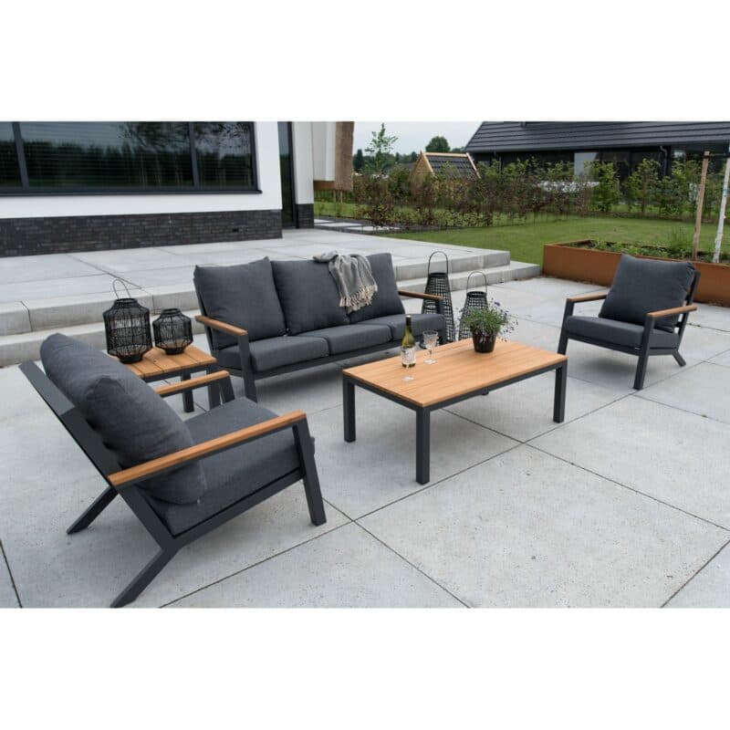 Lesli Living "Donnan" Loungeset, Gestelle Aluminium charcoal, Kissen Olefin anthrazit, Tischplatten und Armlehnen Bambus