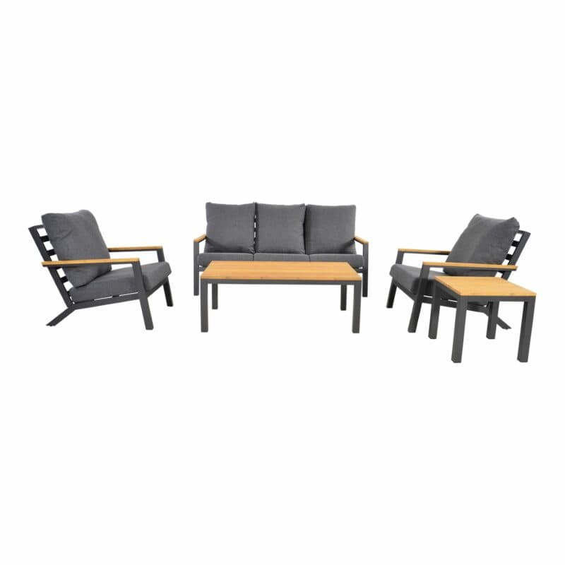 Lesli Living "Donnan" Loungeset, Gestelle Aluminium charcoal, Kissen Olefin anthrazit, Tischplatten und Armlehnen Bambus