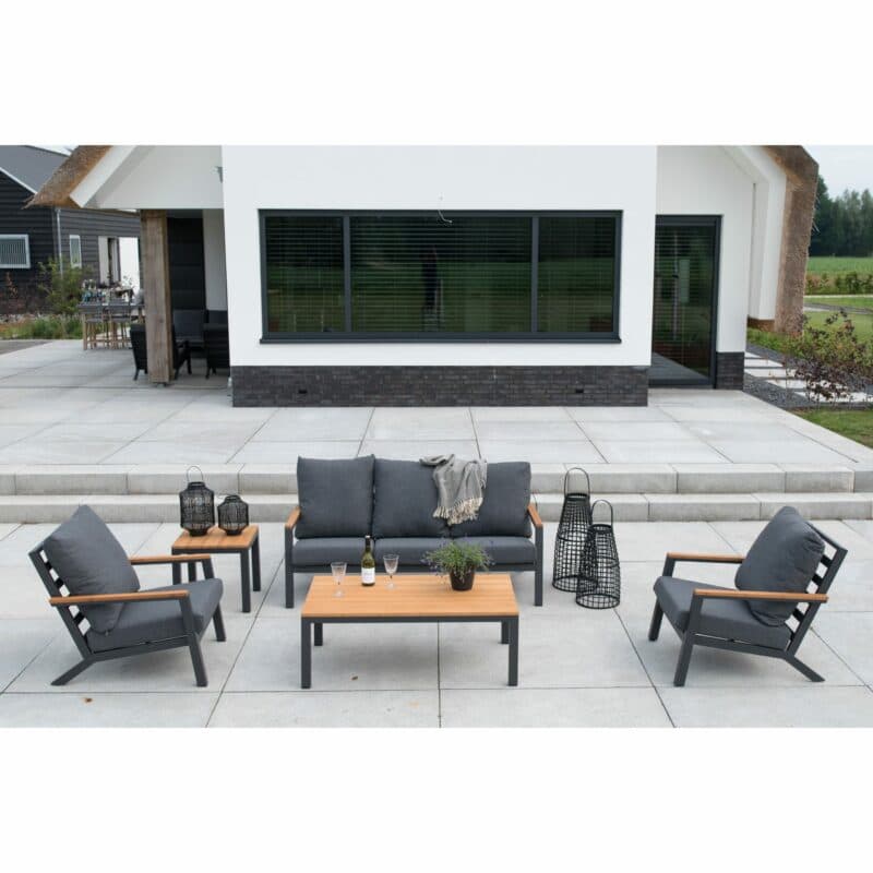 Lesli Living "Donnan" Loungeset, Gestelle Aluminium charcoal, Kissen Olefin anthrazit, Tischplatten und Armlehnen Bambus