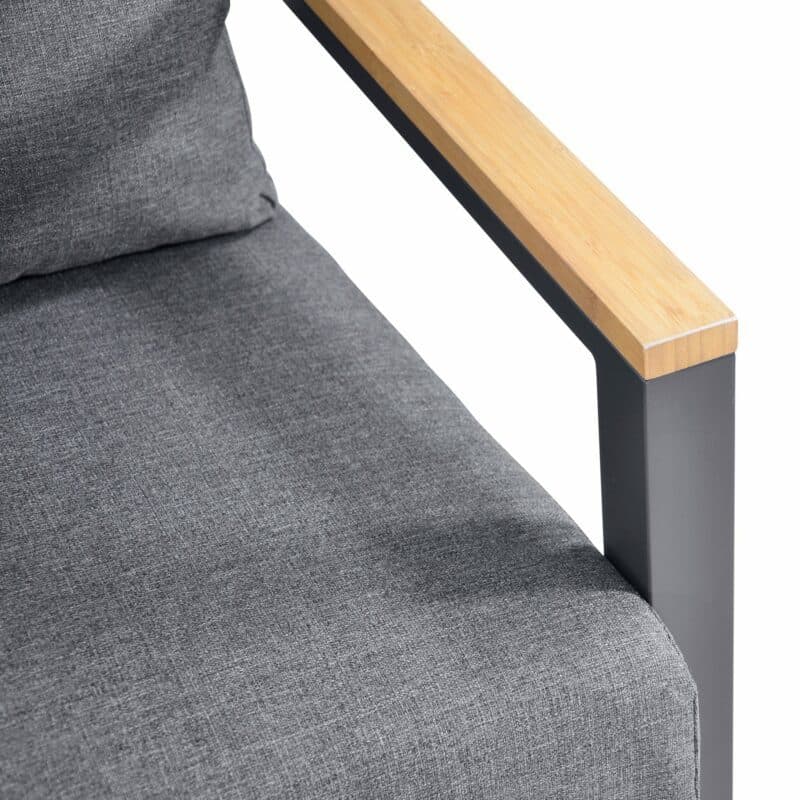 Lesli Living "Donnan" Loungeset, Gestelle Aluminium charcoal, Kissen Olefin anthrazit, Tischplatten und Armlehnen Bambus, Detail Armlehne