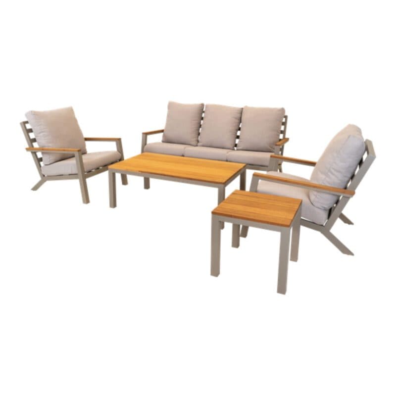 Lesli Living "Donnan" Loungeset, Gestelle Aluminium matt beige, Kissen Olefin beige, Tischplatten und Armlehnen Bambus