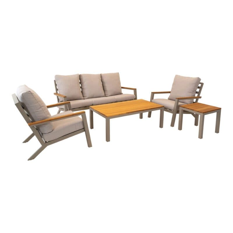 Lesli Living "Donnan" Loungeset, Gestelle Aluminium matt beige, Kissen Olefin beige, Tischplatten und Armlehnen Bambus