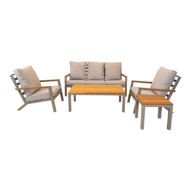 Lesli Living "Donnan" Loungeset, Gestelle Aluminium matt beige, Kissen Olefin beige, Tischplatten und Armlehnen Bambus
