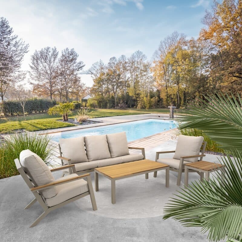 Lesli Living "Donnan" Loungeset, Gestelle Aluminium matt beige, Kissen Olefin beige, Tischplatten und Armlehnen Bambus