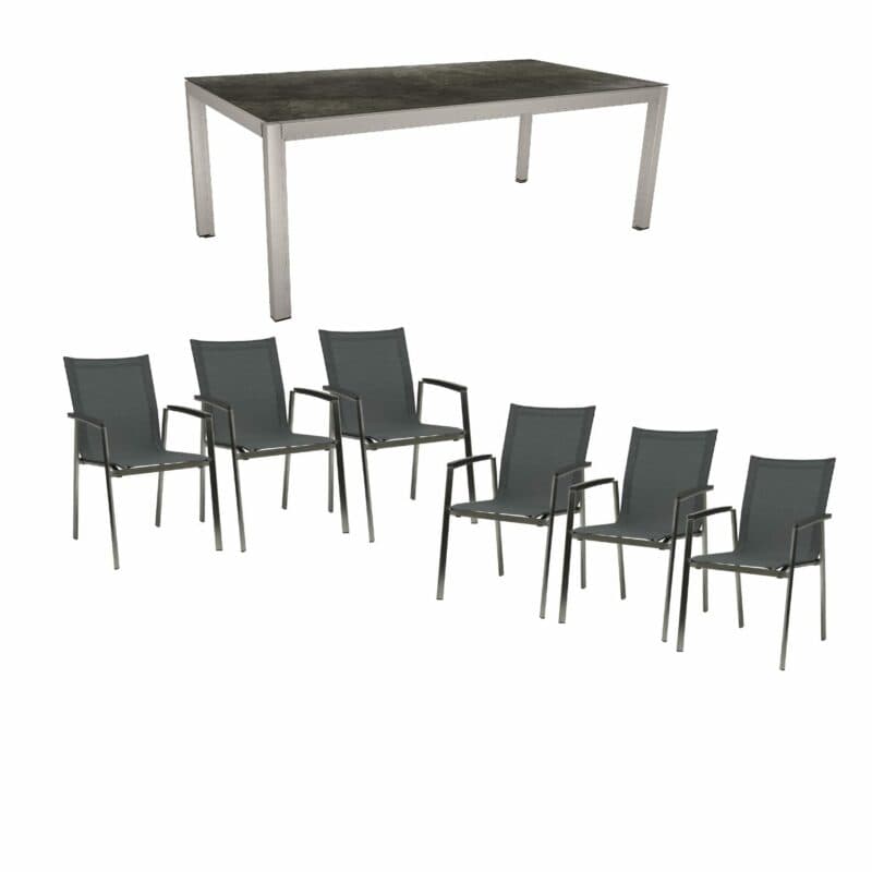 Stern Gartenmöbel-Set mit Stuhl "New Top", Textilgewebe karbon und Tisch 200x100cm, Gestelle Edelstahl, Tischplatte HPL Dark Marble