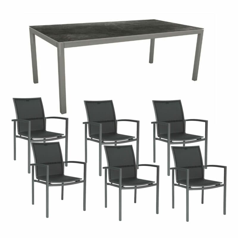 Stern Gartenmöbel-Set mit Stapelsessel "Skelby", Textilen Silbergrau und Tisch 200x100cm, Gestelle Alu graphit, Tischplatte HPL Dark Marble