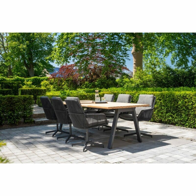 4Seasons Outdoor Gartenmöbel-Set mit "Ambassador" Tisch 240x100 cm, Gestell Edelstahl anthrazit, Tischplatte Teak und "Primavera" Diningsessel, Gestelle Aluminium anthrazit, Sitzfläche Rope anthrazit, Kissen Olefin grau