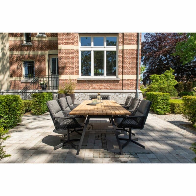 4Seasons Outdoor Gartenmöbel-Set mit "Ambassador" Tisch 240x100 cm, Gestell Edelstahl anthrazit, Tischplatte Teak und "Primavera" Diningsessel, Gestelle Aluminium anthrazit, Sitzfläche Rope anthrazit, Kissen Olefin grau