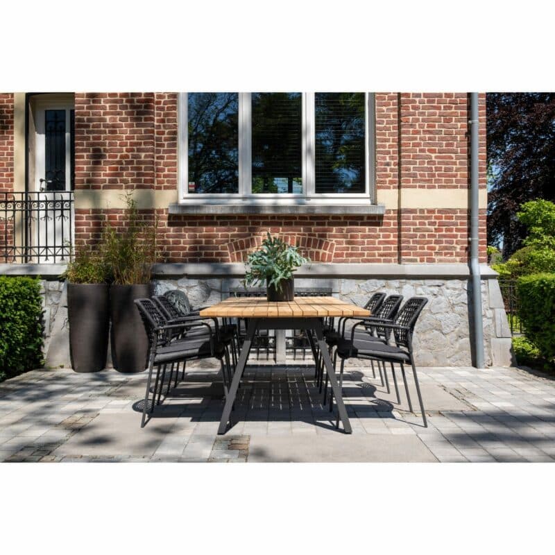 4Seasons Outdoor Gartenmöbelset mit "Barista" Diningsessel, Gestell Edelstahl anthrazit, Sitz Rope anthrazit, Kissen Olefin grau, und "Ambassador" Gartentisch 240x100 cm, Gestell Edelstahl anthrazit, Tischplatte Teak