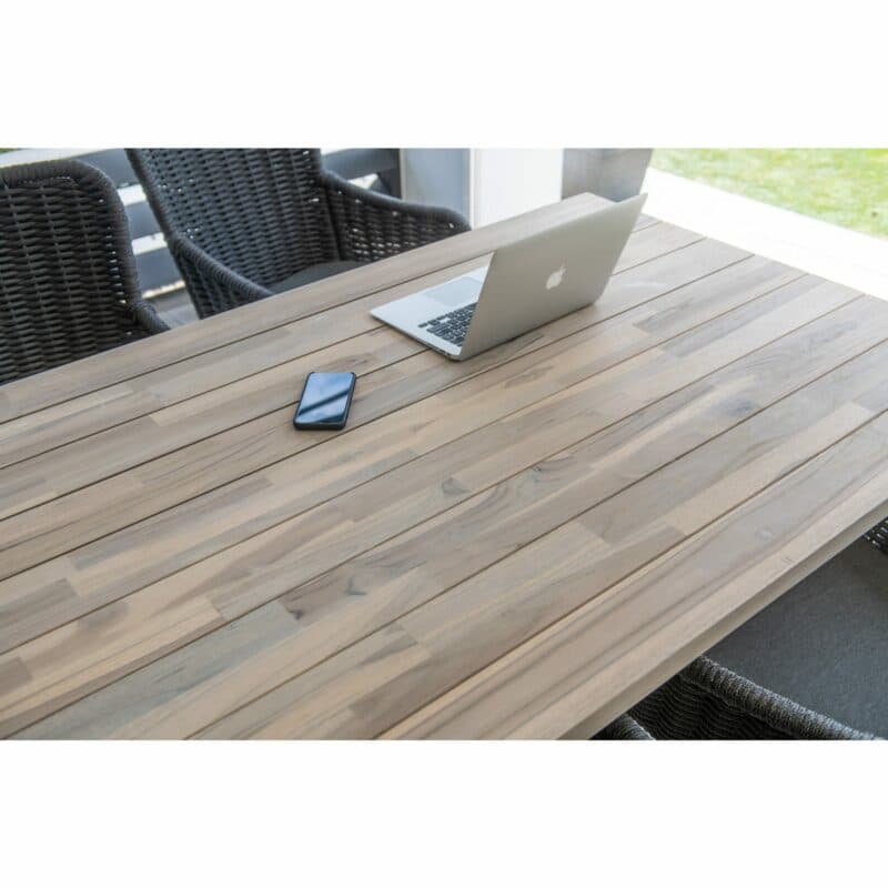 4Seasons Outdoor Gartenmöbel-Set mit "Basso" Gartentisch, Gestell Aluminium anthrazit, Tischplatte Teak, und "Wing" Diningsessel, Gestell Edelstahl anthrazit, Sitzfläche Rope platinum, Kissen Olefin grau