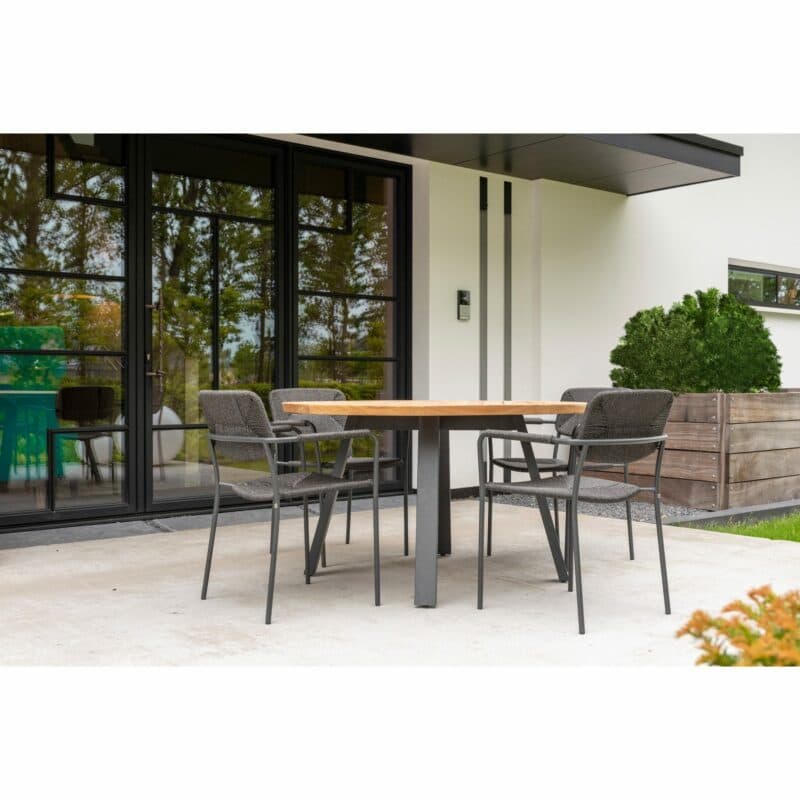 4Seasons Outdoor Gartenmöbelset mit "Bora" Diningsessel, Gestell Aluminium anthrazit, Sitz Polyrattan anthrazit, und "Ambassador" Gartentisch Ø 130 cm, Gestell Aluminium anthrazit, Tischplatte Teak