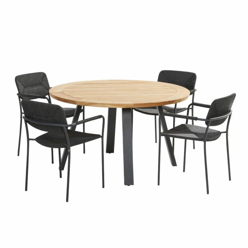 4Seasons Outdoor Gartenmöbelset mit "Bora" Diningsessel, Gestell Aluminium anthrazit, Sitz Polyrattan anthrazit, und "Ambassador" Gartentisch Ø 130 cm, Gestell Edelstahl anthrazit, Tischplatte Teak