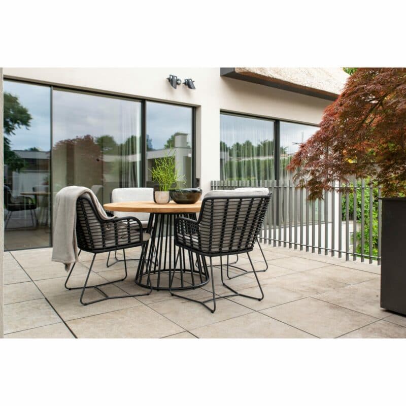 4Seasons Outdoor "Fabrice" Diningsessel, Gestell Aluminium anthrazit, Sitzfläche Rope anthrazit, Kissen Olefin grau, mit Tisch Ambassador, Gestell Aluminium anthrazit, Tischplatte Teak
