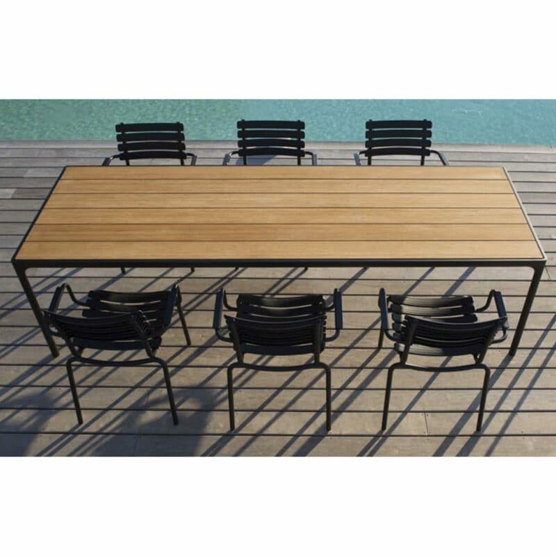 Houe Gartenmöbel-Set, 7-tlg, mit Gartentisch "Four", Gestell Aluminium schwarz, Tischplatte Bambus, 210x90 cm und Gartenstuhl "ReClips", Lamellen aus recyceltem Plastik, schwarz