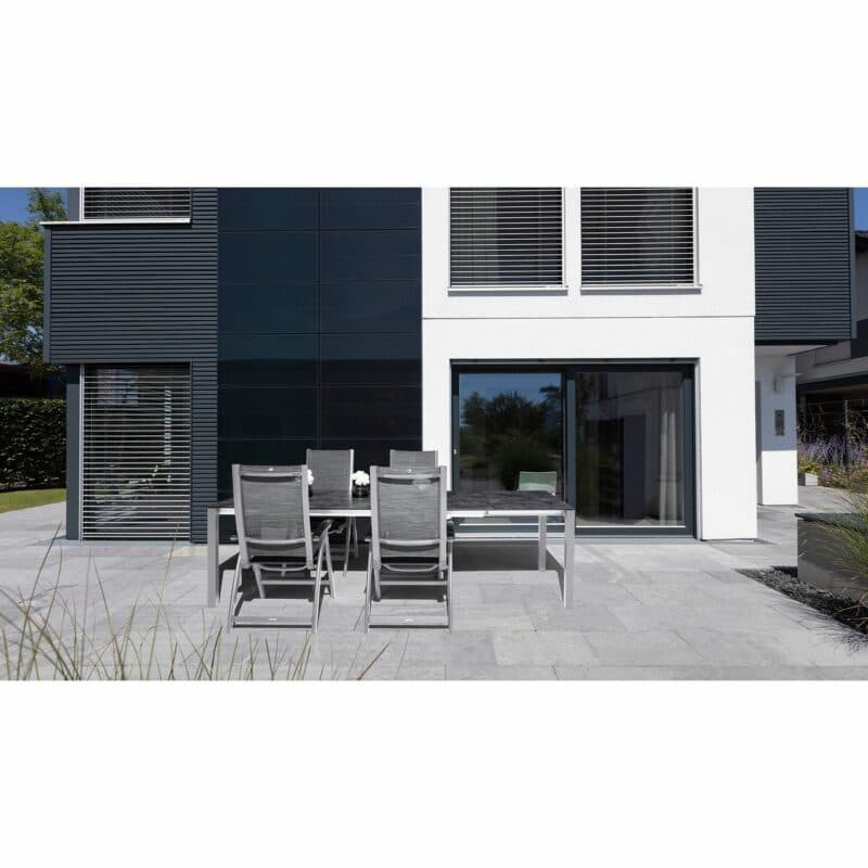 Kettler "Avalon" Sessel mit "Cubic" Ausziehtisch, Gestelle Alu silber, Sitzfläche Textilgewebe graphit, Tischplatte HPL anthrazit, 210/270/330x95 cm, hier Länge 270 cm