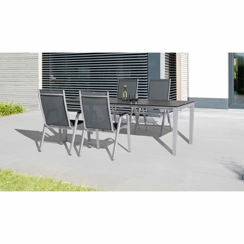 Kettler "Cirrus" Klapp- & Stapelsessel mit "Cubic" Ausziehtisch inkl. Einlegeplatte, Gestelle Alu silber, Sitz Textil anthrazit-grau, Tischplatte HPL anthrazit, 150/210x95 cm