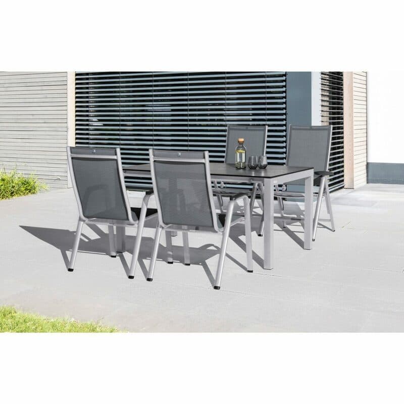 Kettler "Cirrus" Klapp- & Stapelsessel mit "Cubic" Ausziehtisch inkl. Einlegeplatte, Gestelle Alu silber, Sitz Textil anthrazit-grau, Tischplatte HPL anthrazit, 150/210x95 cm