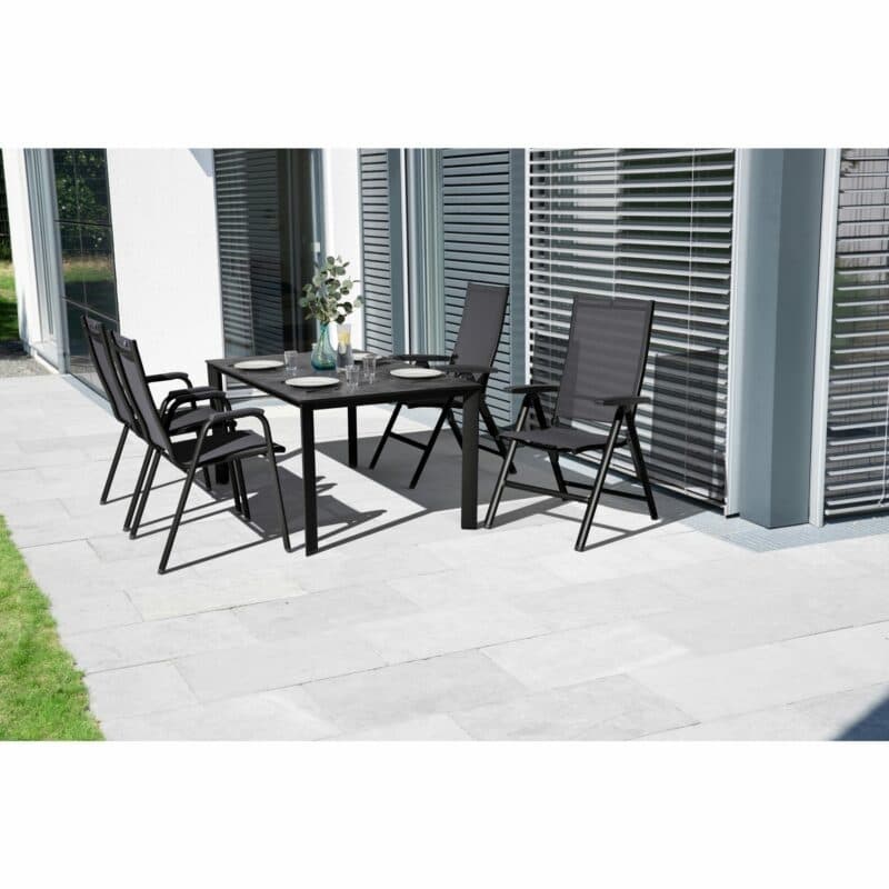Kettler "Cirrus" Silver-Line Stapelsessel und Multipositionssessel, Gestell Aluminium anthrazit, Sitz Textilgewebe anthrazit-grau, "Edge" Gartentisch 160x95 cm, Tischplatte HPL