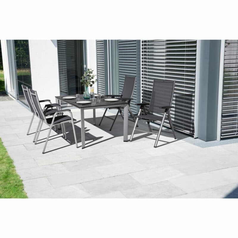 Kettler "Cirrus" Silver-Line Stapelsessel und Multipositionssessel, Gestell Aluminium silber, Sitz Textilgewebe anthrazit-grau, "Edge" Gartentisch 160x95 cm, Tischplatte HPL