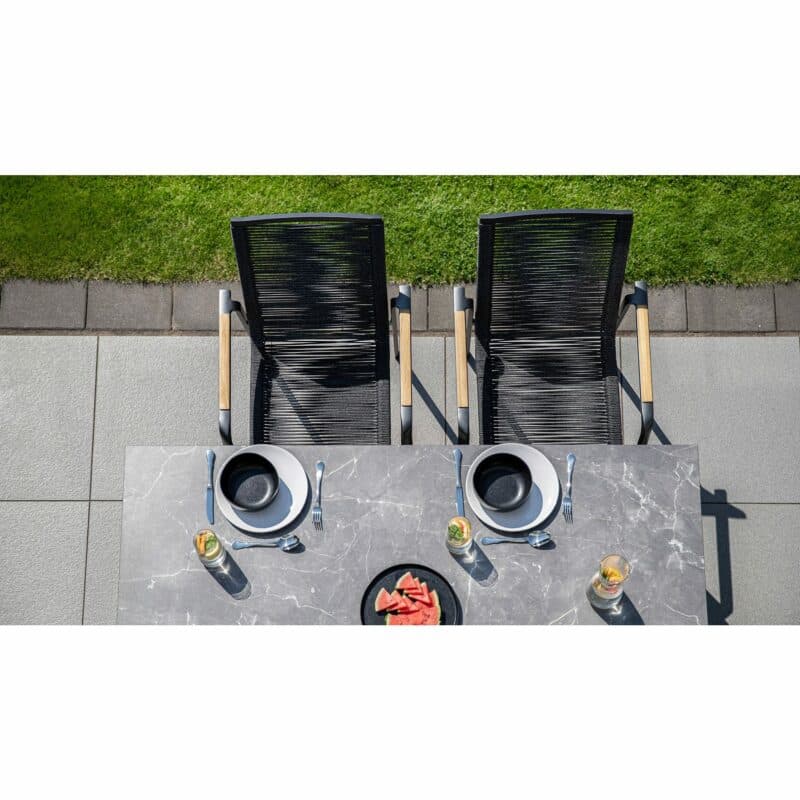 Kettler "Diamond" Rope Stapelsessel, Gestell Aluminium anthrazit, Sitzfläche Rope anthrazit, Armlehnen Teakholz, "Diamond" Gartentisch 160x95 cm, HPL Marmor grau