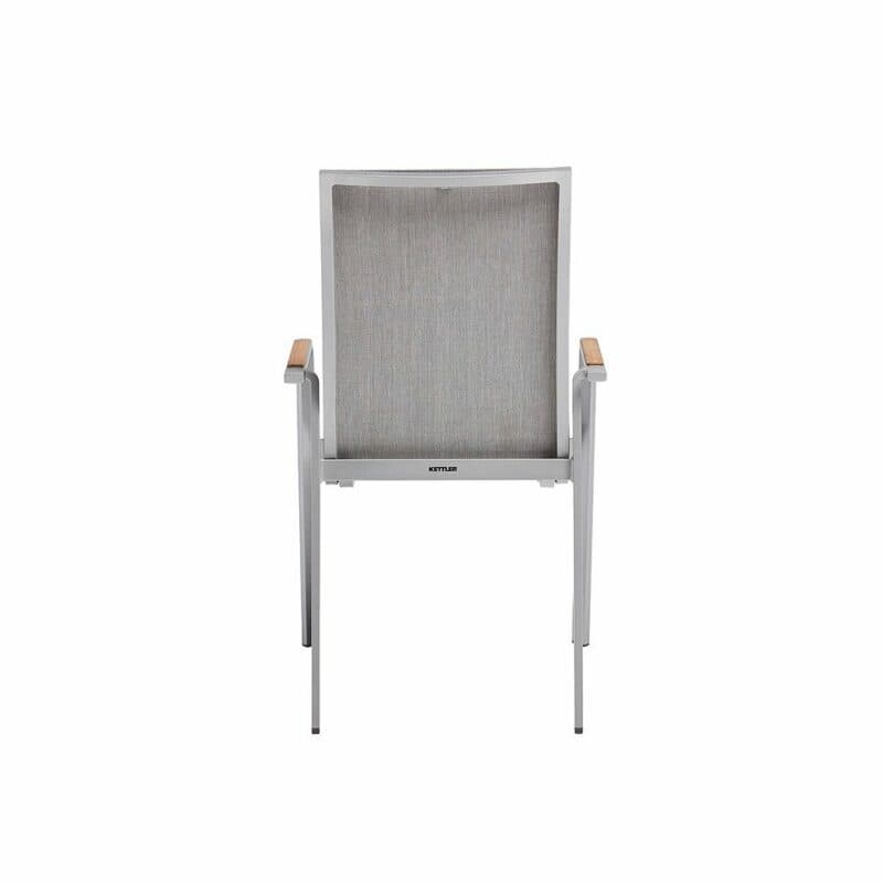 Kettler "Diamond" Stapelsessel, hohe Rückenlehne, Gestell Aluminium silber, Sitzfläche Textilgewebe hellgrau, Armlehnen Teak