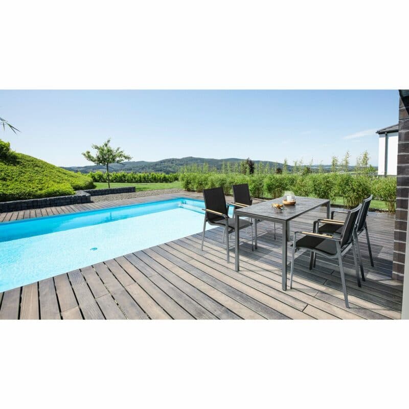 Kettler "Diamond" Stapelsessel mit "Cubic" Ausziehtisch inkl. Einlegeplatten, Gestelle Alu anthrazit, Sitz Textilgewebe charcoal, Tischplatte HPL anthrazit, 140/175/210x70 cm