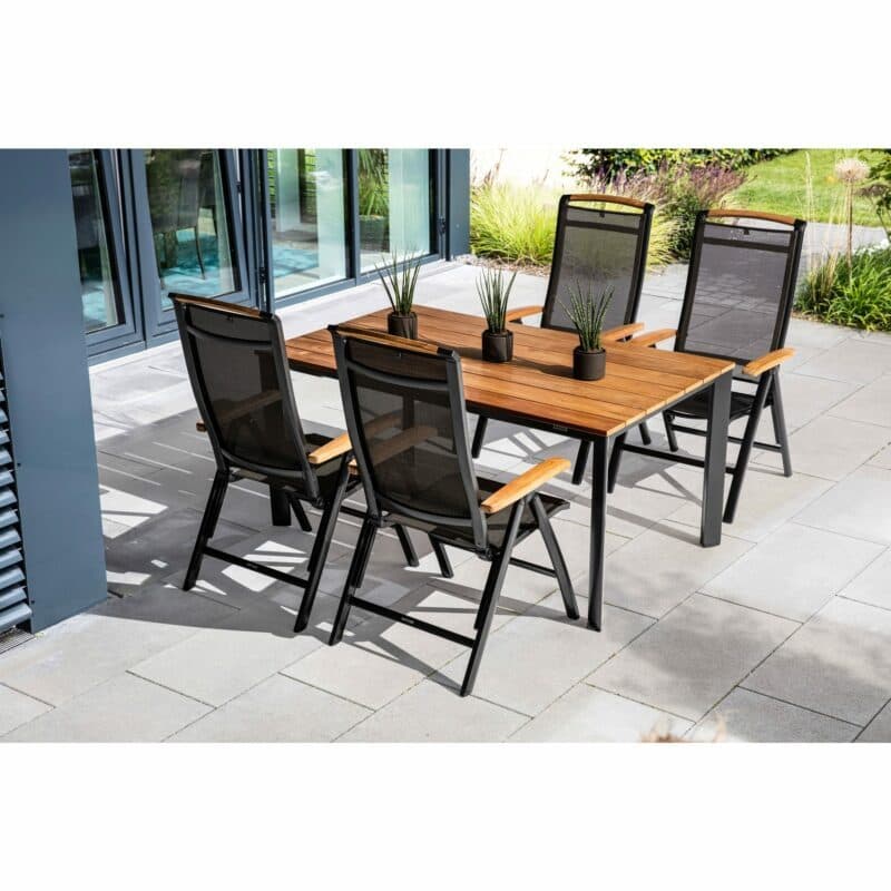 Kettler "Memphis" Multipositionssessel, Aluminium anthrazit, Sitzfläche Textilgewebe bronze, Armlehnen Teak, "Edge" Gartentisch 160x95 cm, Aluminium anthrazit, Tischplatte Teakholz natur/breite Leisten