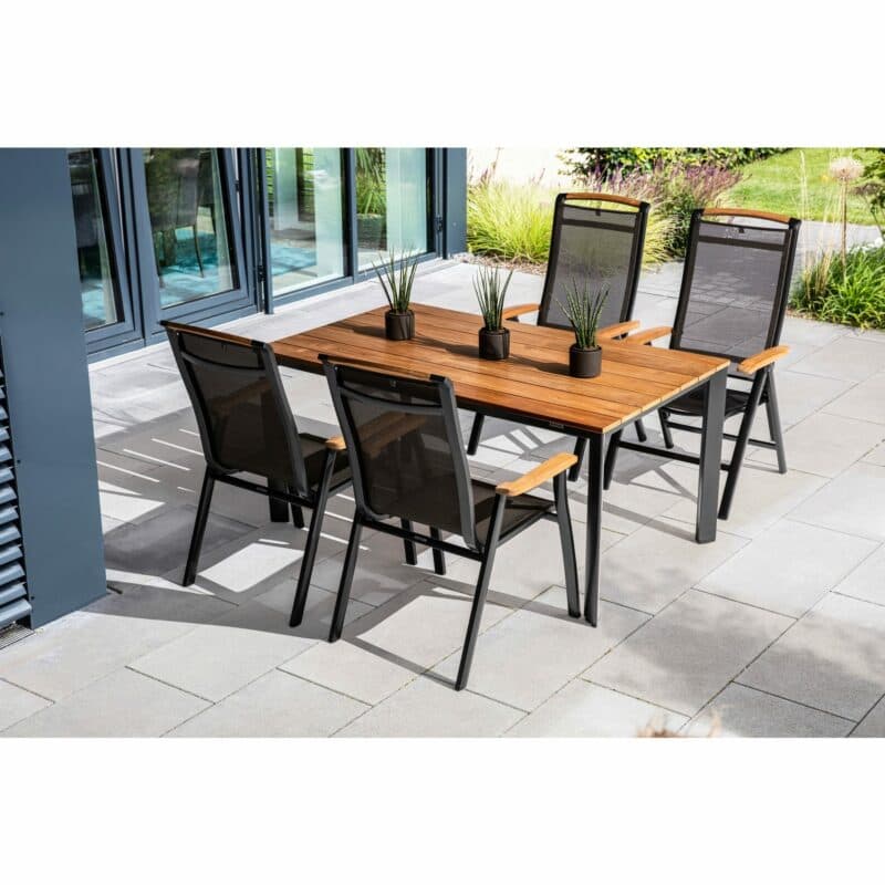 Kettler "Memphis" Multipositionssessel und Stapelsessel, Aluminium anthrazit, Sitzfläche Textilgewebe bronze, Armlehnen Teak, "Edge" Gartentisch 160x95 cm, Aluminium anthrazit, Tischplatte Teakholz natur/breite Leisten