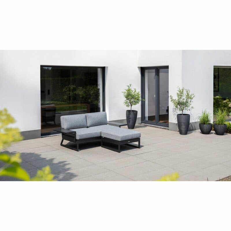 Kettler "Ocean Skid Platform" 2-Sitzer Loungesofa inkl. 2 Ablagen plus Loungehocker, Alu anthrazit, Bezug Olefin hellgrau meliert