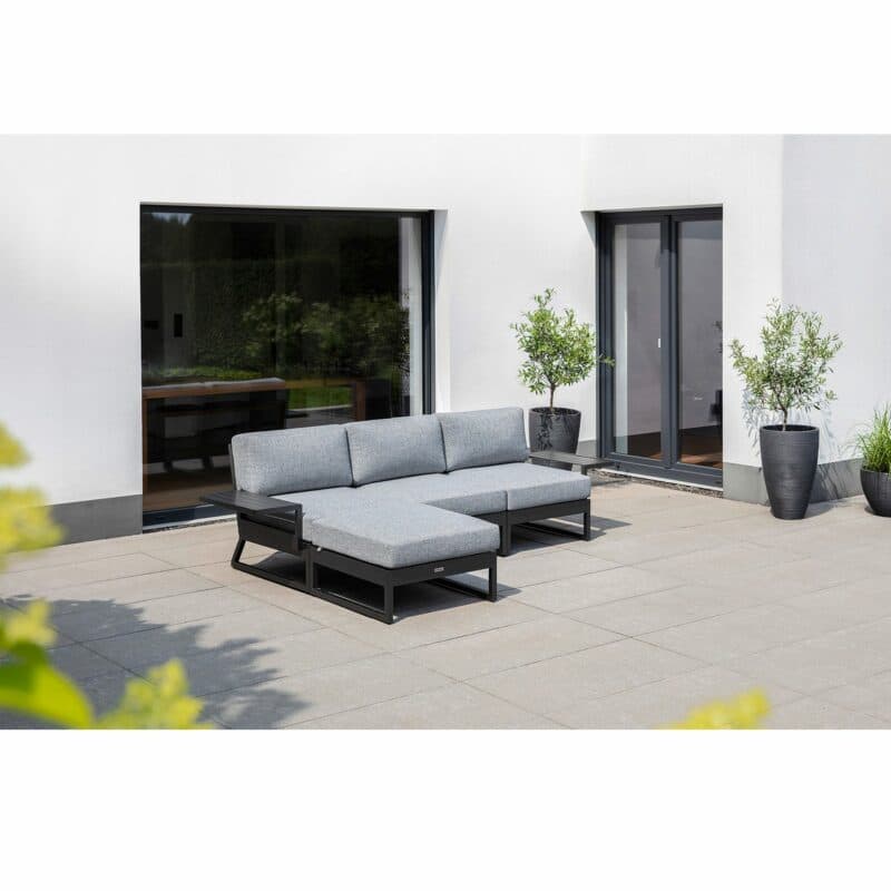 Kettler "Ocean Skid Platform" 2-Sitzer Sofa mit Ablage, Mittelteil und Loungehocker, Alu anthrazit, Bezug Olefin hellgrau meliert