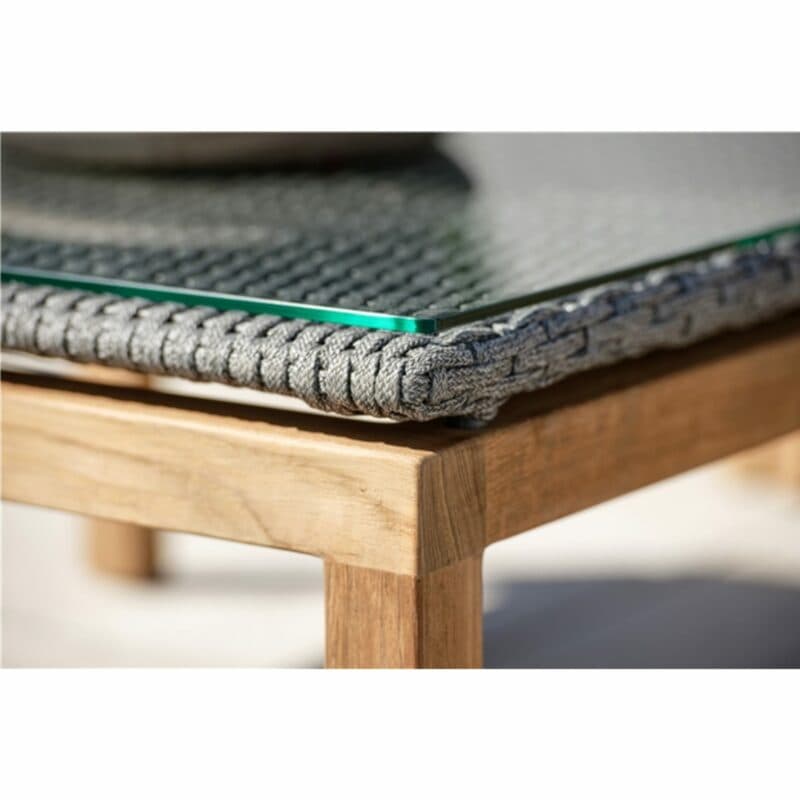 Stern "Leah" Loungetisch, Gestell Teakholz, Sitzfläche Rope steingrau. Tischplatte Glas