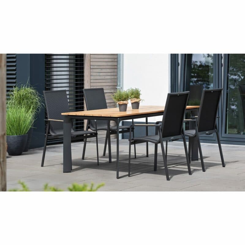 Kettler "Diamond" Gartenmöbel-Set mit Stapelsessel hoch und Gartentisch 180x95 cm, Gestelle Aluminium anthrazit, Sitz Textilgewebe charcoal, Armlehnen und Tischplatte Teak
