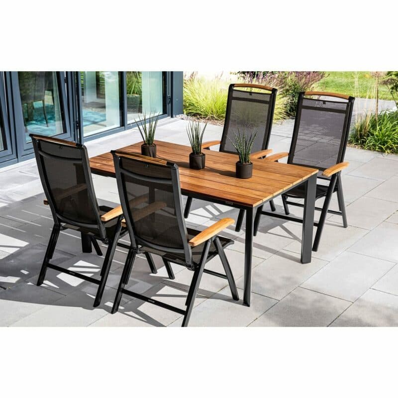 Kettler Gartenmöbel-Set "Memphis/Edge", 4x Multipositionssessel, Gestelle Alu anthrazit, Textilgewebe bronze, Tischplatte Teak, 160x95 cm