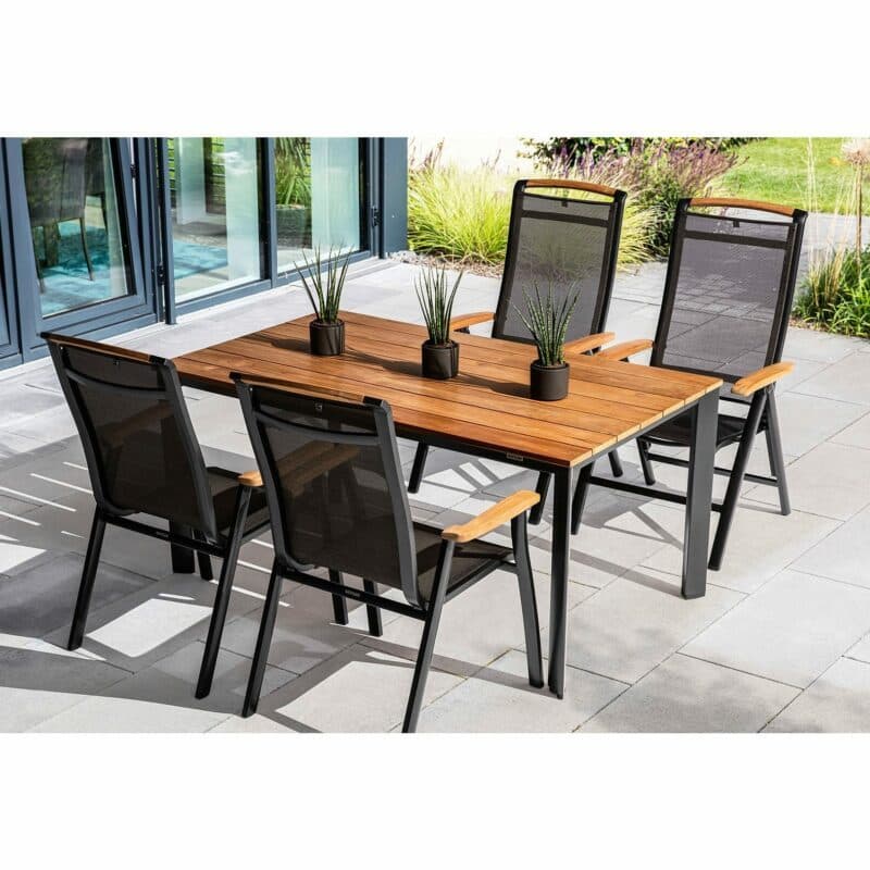 Kettler Gartenmöbel-Set "Memphis/Edge", 2x Stapelsessel, 2x Multipositionssessel, Gestelle Alu anthrazit, Textilgewebe bronze, Tischplatte Teak, 160x95 cm