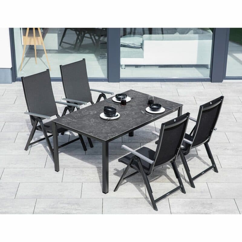 Kettler "Rasmus/Cubic" Gartenmöbel-Set, 4x Multipositionssessel und Gartentisch 160x95 cm, Gestelle Aluminium anthrazit, Textilgewebe charcoal, Tischplatte Keramik anthrazit