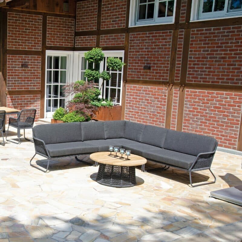 Sonnenpartner "Poison“ Loungemodule, 2-Sitzer Eckmodul rechts und links, Eckmodul, Mittelmodul und Loungetisch, Gestell Aluminium grau, Geflecht Polyrope dunkelgrau, Tischplatte Teak