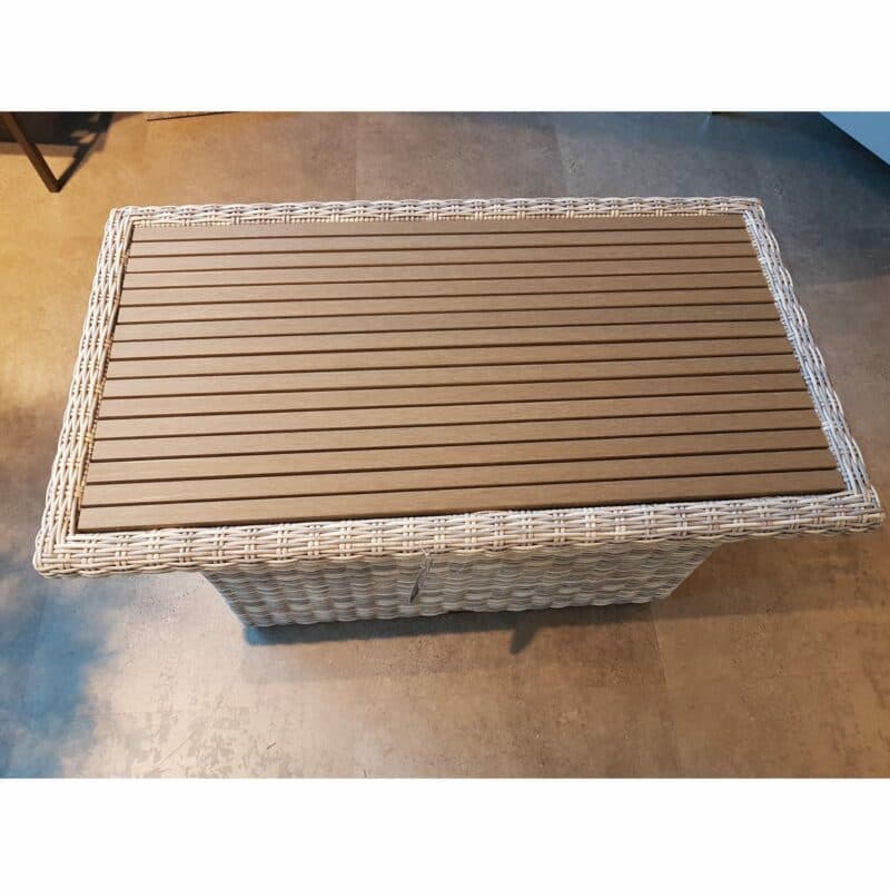 Home Islands "Kyoko" Loungetisch, Untergestell Aluminium, Polyrattan-Geflecht Salt/Pepper, Tischplatte Polywood Teak-Optik, Ausstellung Lauchringen