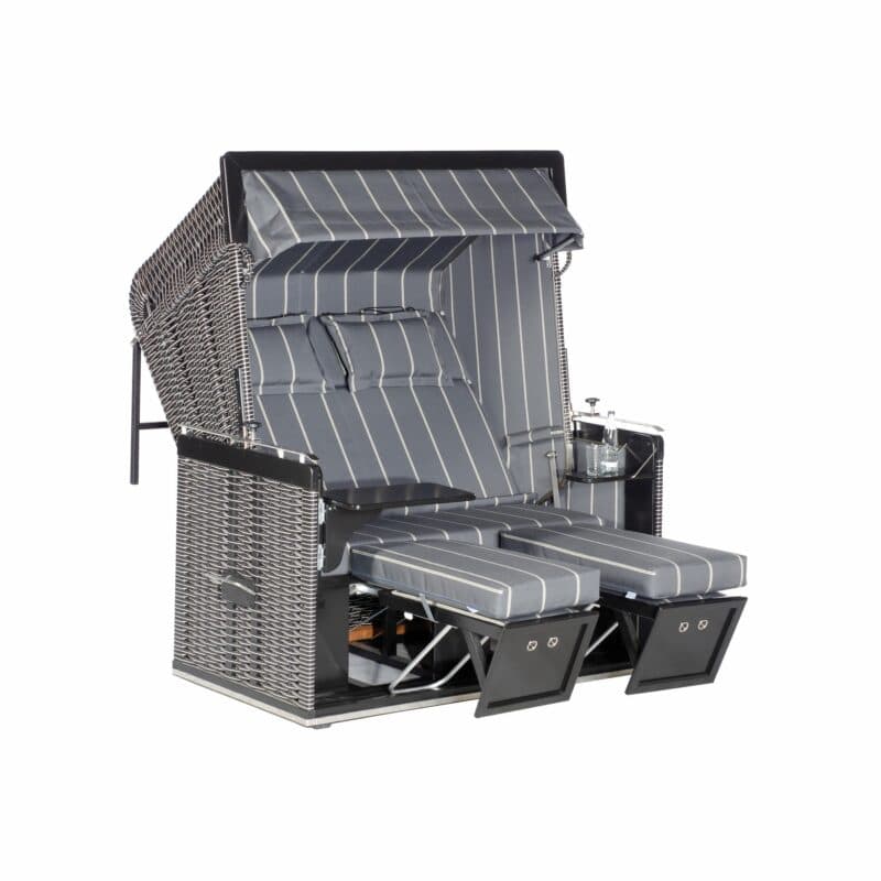 Strandkorb "Präsident" 2,5-Sitzer von SonnenPartner, Kunststoffgeflecht Schwarz mit weißen Nadelstreifen, Markisenstoff Dessin 46