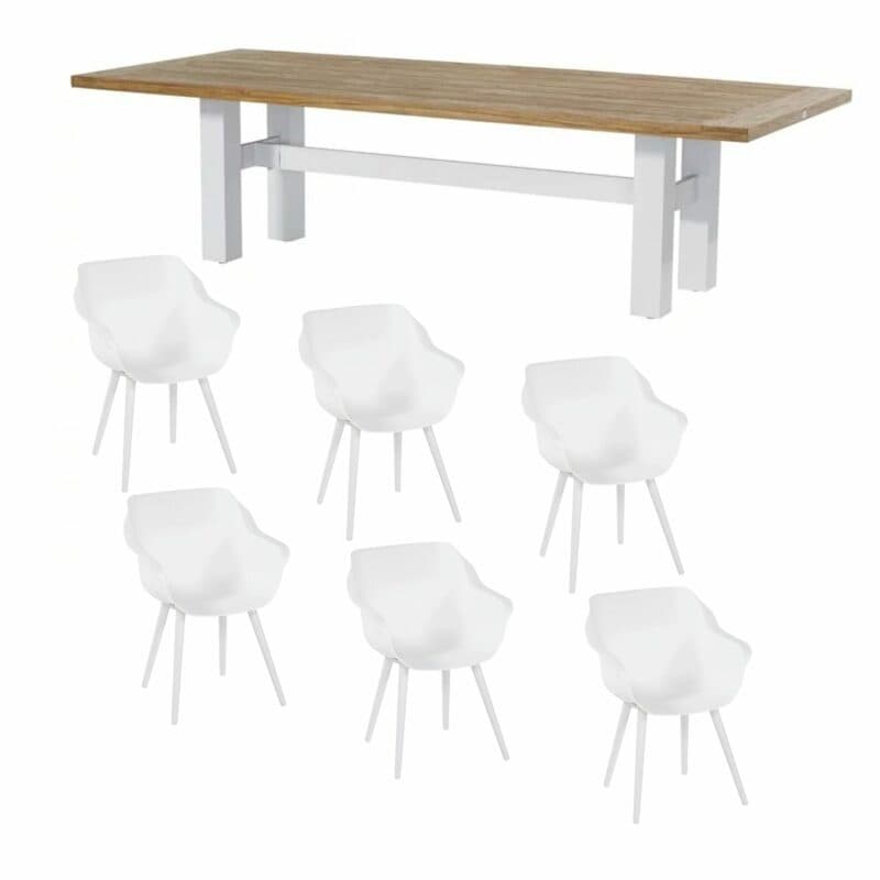 Hartman "Sophie Studio" Armchair, Gestell Aluminium royal white, Sitzschale royal white mit "Sophie Yasmani" Gartentisch 300x100 cm, Gestell Aluminium white, Teakplatte