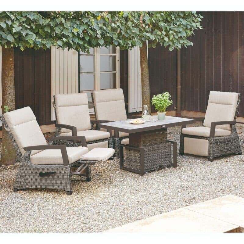 Siena Garden "Corido" Loungeset 5-tlg, mit 4 Relaxsesseln und 1 Tisch 130×75 cm, Gestell Aluminium anthrazit matt, Polyrattan Charcoal grey, Tischplatte Keramik