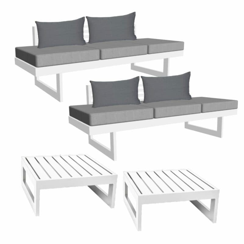 Stern Set mit "New Holly Dining" Liegen und "Holly" Beistelltischen, Gestell Aluminium weiß, Sitzfläche Textil silber, Sitz- und Rückenpolster seidengrau