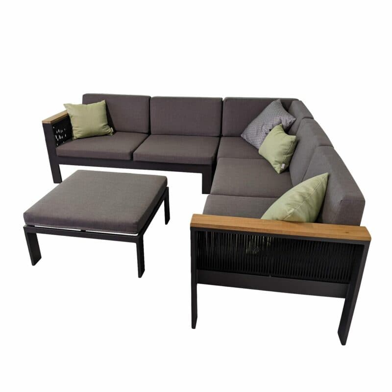 Jati&Kebon Eck-Loungeset "Miray" mit 2-Sitzer Seitenteil rechts & links, Eckteil & Hocker, Aluminium anthrazit, Rope schwarz, Kissen grau, Armlehnen Teak, Dekokissen separat erhältlich