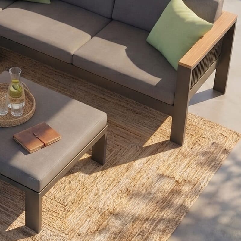 Jati&Kebon Eck-Loungeset "Miray", Aluminium anthrazit, Rope schwarz, Kissen grau, Armlehnen Teak